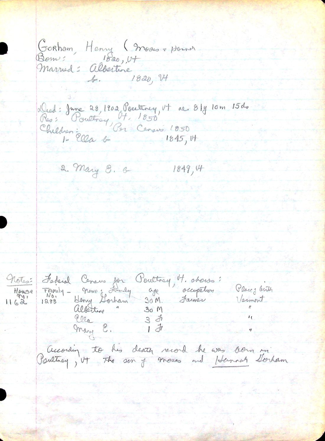 GORHAM, Henry (1820 1902 Poultney) Albertine Poultney 1850 Census